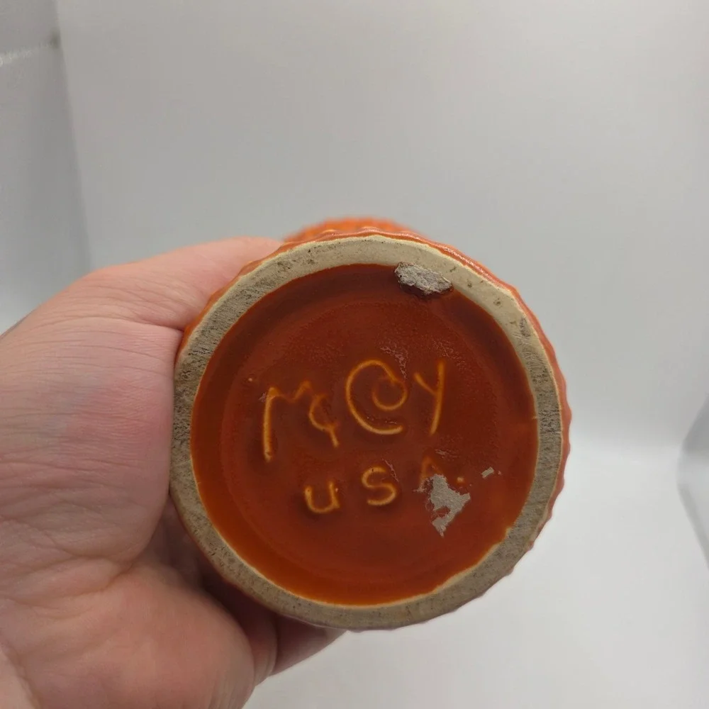 McCoy USA Pottery Burnt Orange Spiral Ribbed Beaded Trumpet Vase MCM